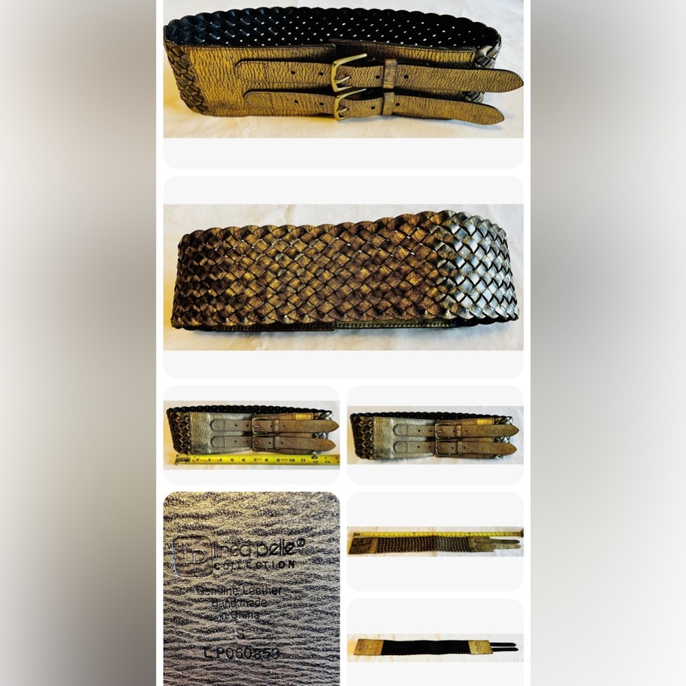 Lines Pelle Leather Gold/Black Braided Double Buckle Belt. Size S.